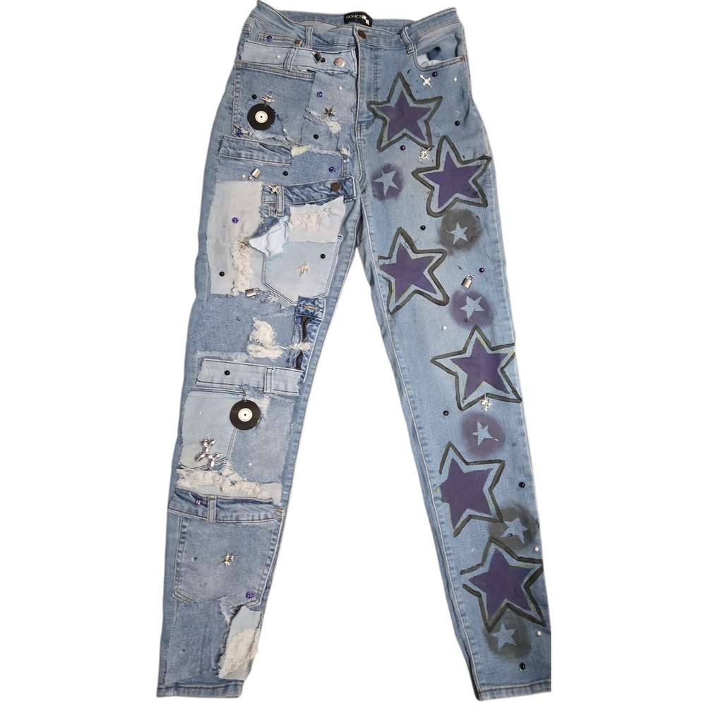 Fashion Nova Embellished Charms Light Wash Stretch Straight Leg Jeans W30 L33
